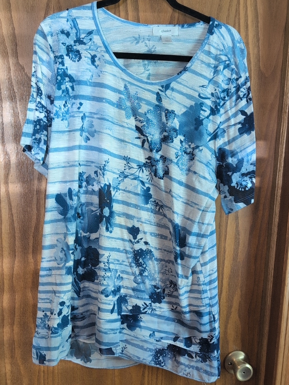 CJ Banks Blue Floral & Stripe Short-Sleeve Tee